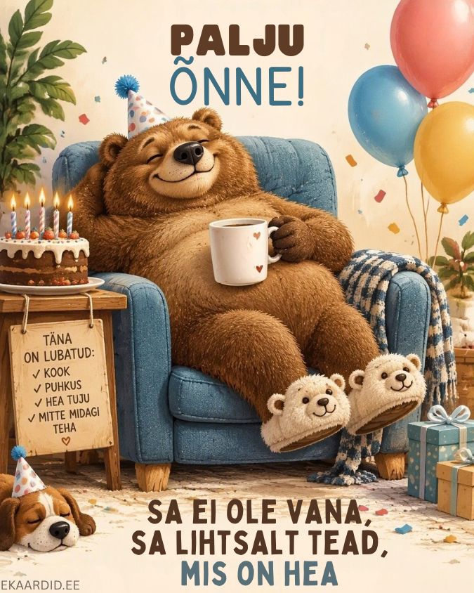 Humoorikas sünnipäevakaart lõõgastunud karuga