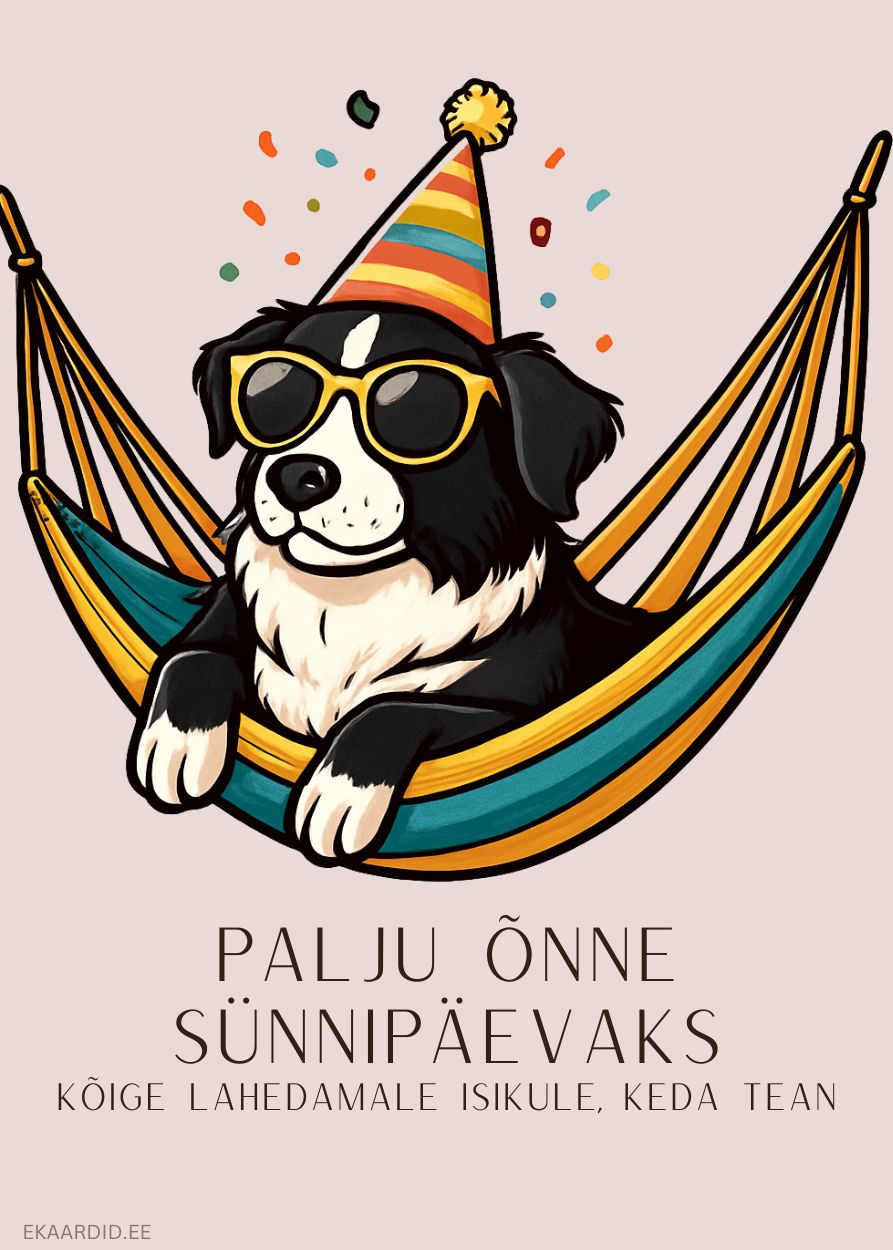 Sünnipäevakaart: Koer päikeseprillidega võrkkiiges