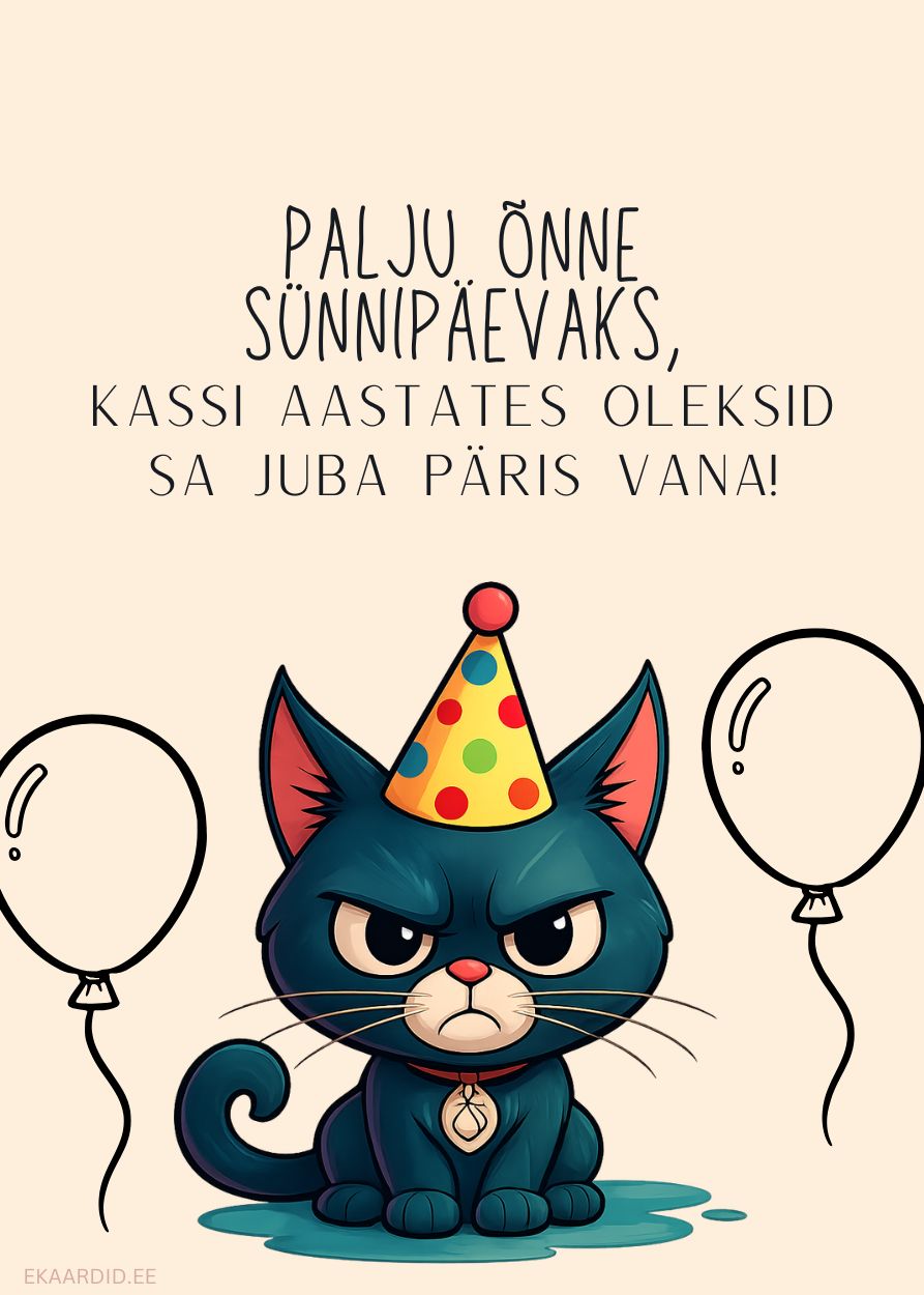 Sünnipäevakaart pahura kassiga ja õhupallidega