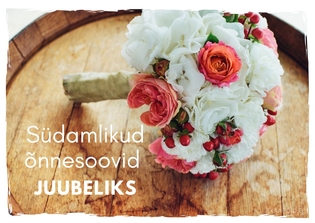 Juubelikaart roosade ja valgete lilledega