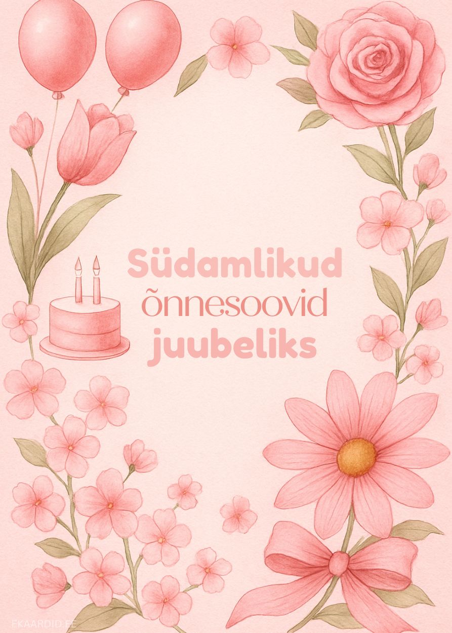 Juubelikaart roosade lilledega