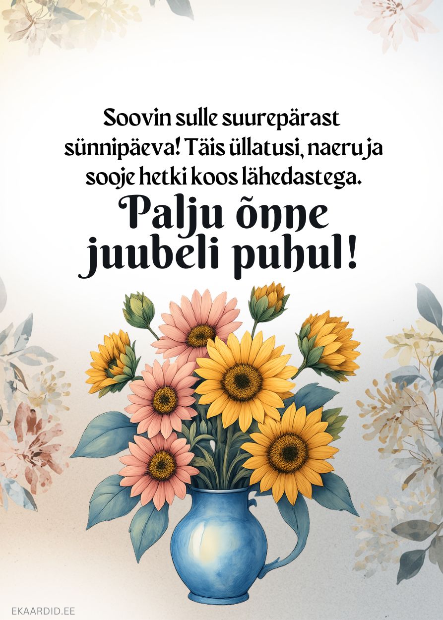 Päevalilledega juubelikaart sinises vaasis