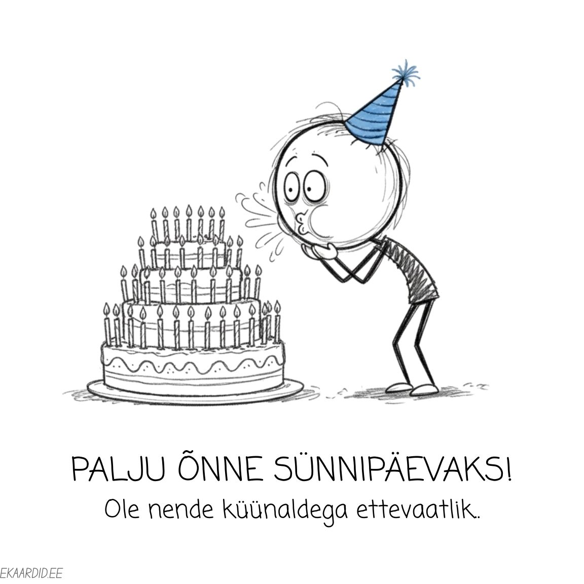 Naljakas kriipsujuku sünnipäevakaart tordiga