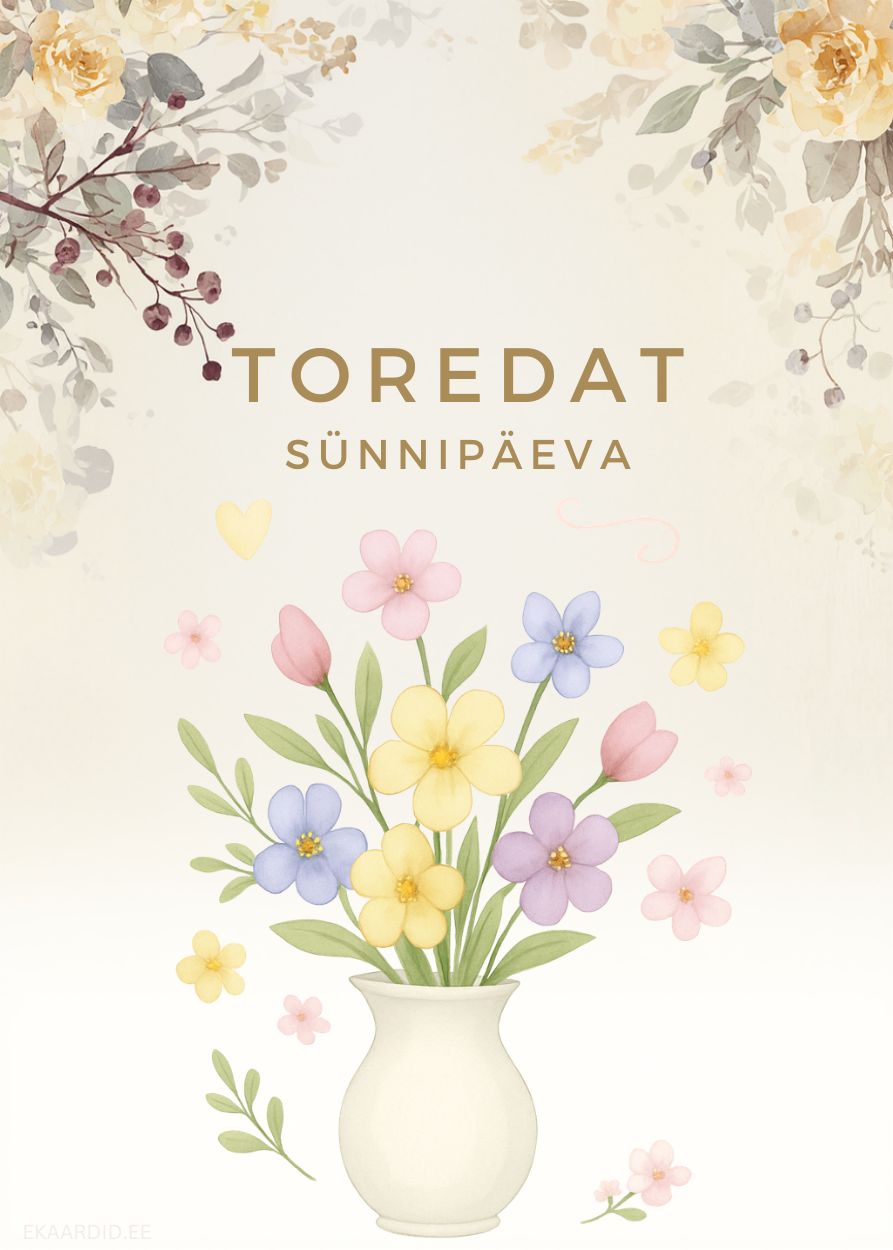 Pastelsetes toonides lilledega sünnipäevakaart