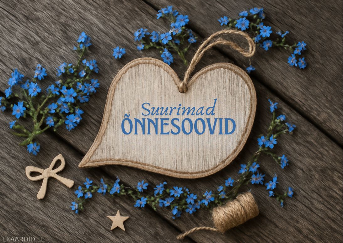 Südamekujuline õnnesoovide kaart siniste lilledega