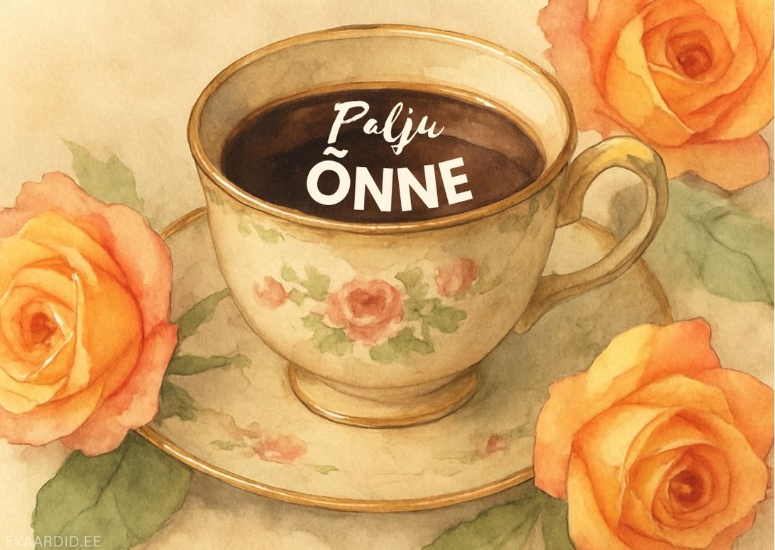 Sünnipäevakaart rooside ja kohvitassiga