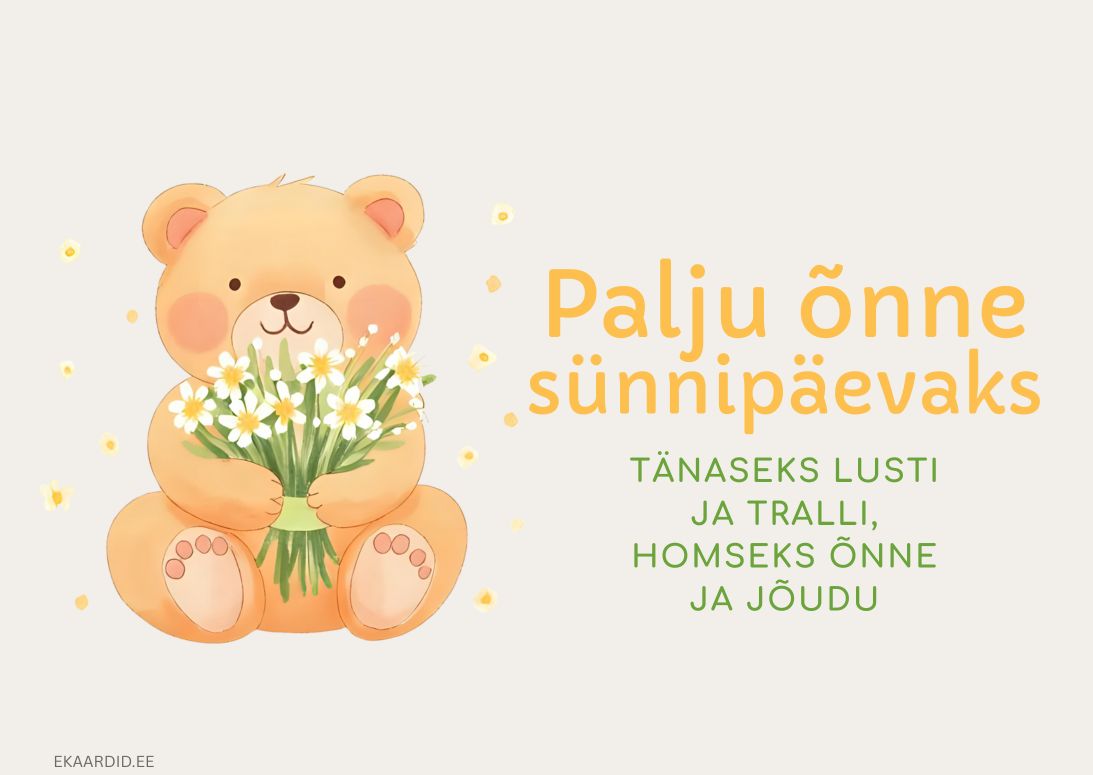 Karupoeg valgete karikakratega sünnipäevakaart luuletusega