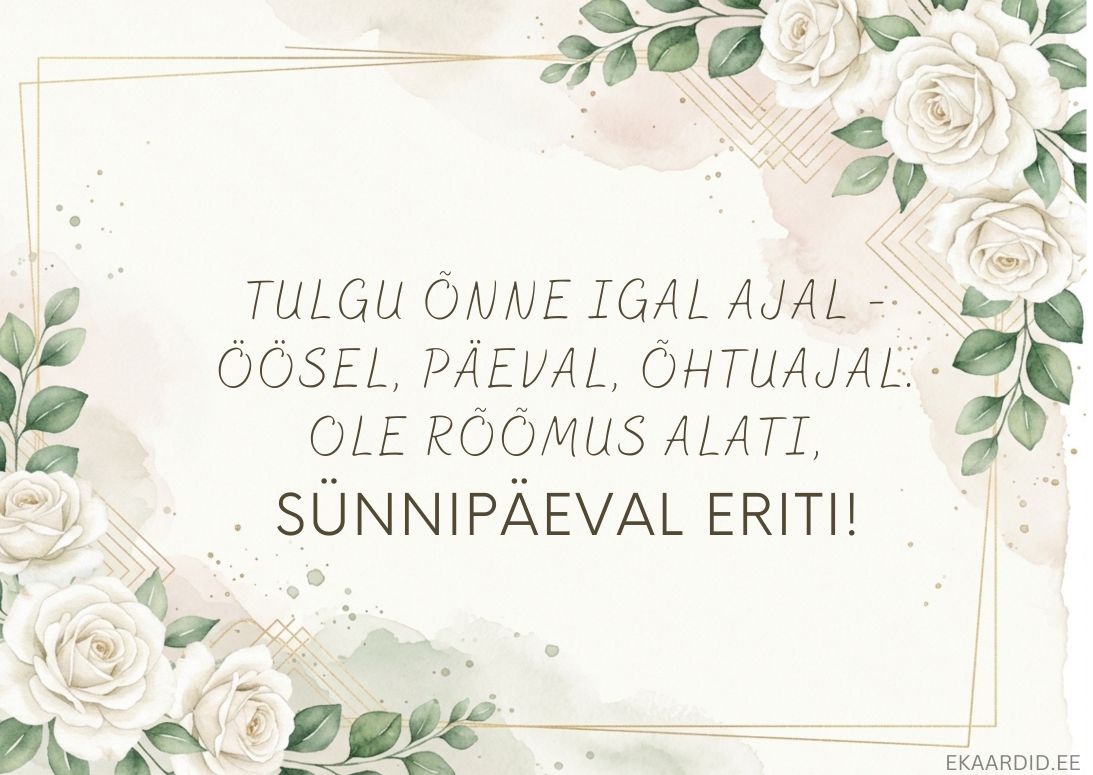 Luuletusega sünnipäevakaart valgete rooside ja kuldsete detailidega