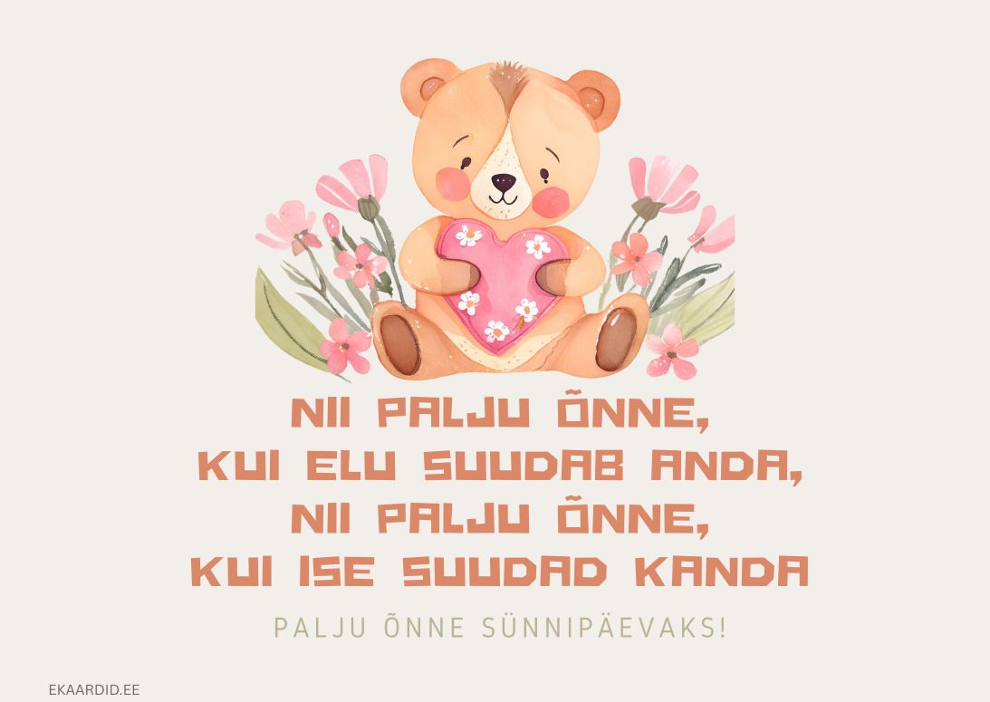 Sünnipäevakaart karu ja lilledega