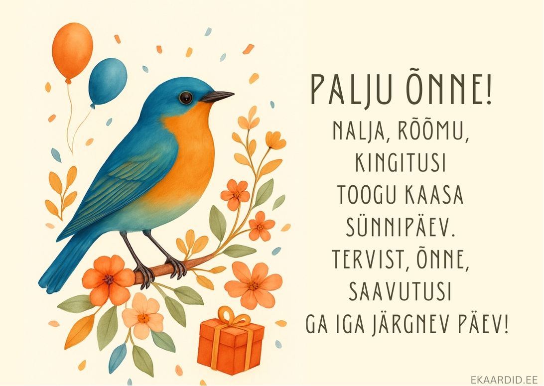 Sünnipäevakaart luuletuse ja sinise linnuga