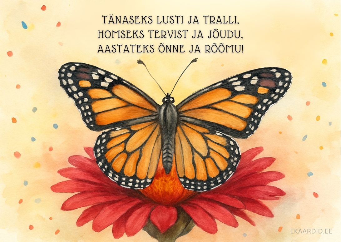 Sünnipäevakaart liblikaga ja luuletusega