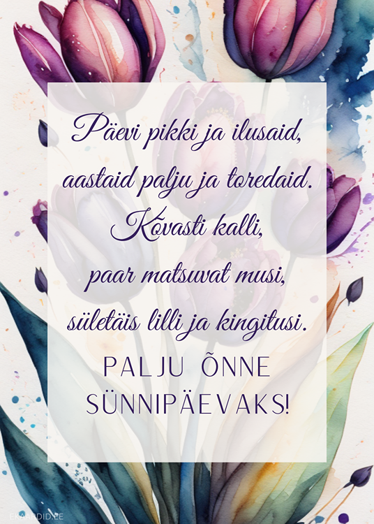 Sünnipäevakaart õrnade tulbipiltidega