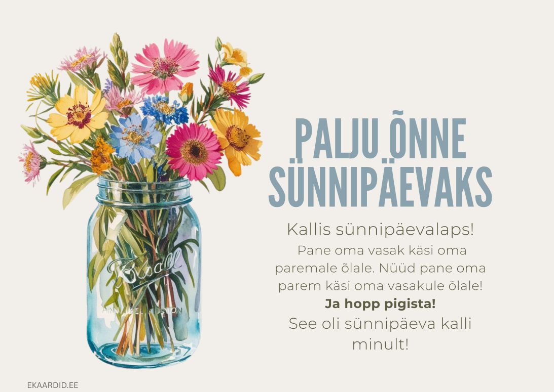 Sünnipäevakaart värviliste aialilledega purgis