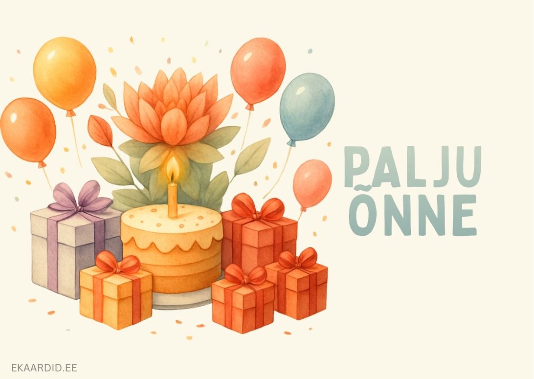 Sünnipäevakaart kingituste ja õhupallidega