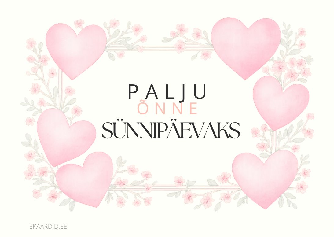 Sünnipäevakaart roosade südametega