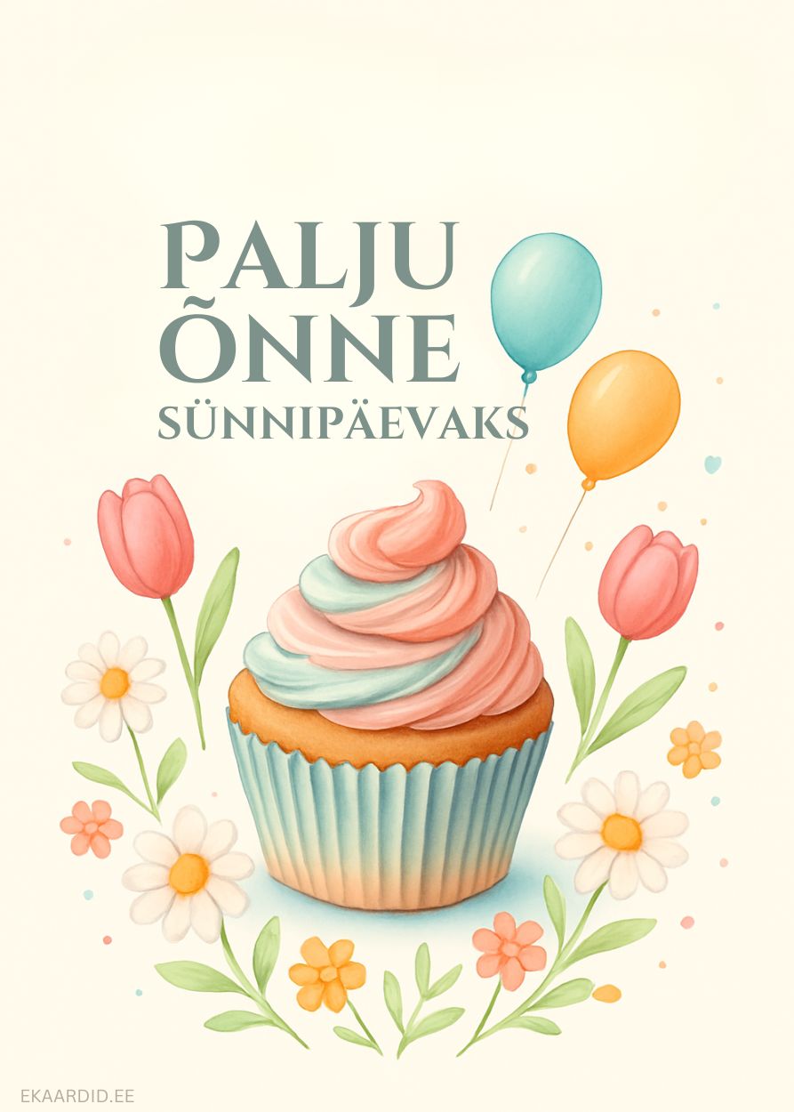 Pastelsetes toonides muffiniga sünnipäevakaart