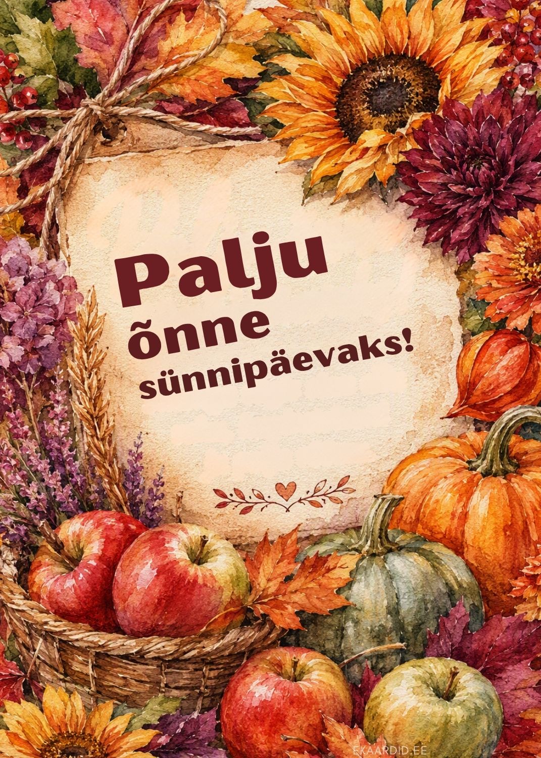 Sügiseste viljade ja päevalilledega sünnipäevakaart