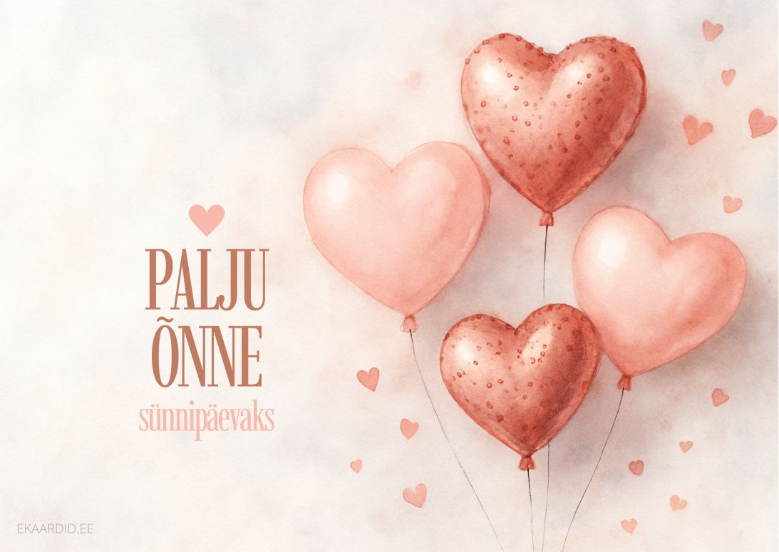 Sünnipäevakaart südamekujuliste õhupallidega