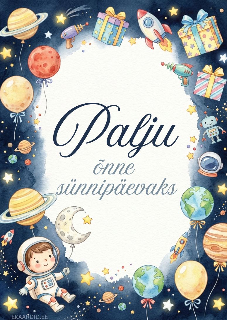 Kosmose-teemaline sünnipäevakaart lapsele