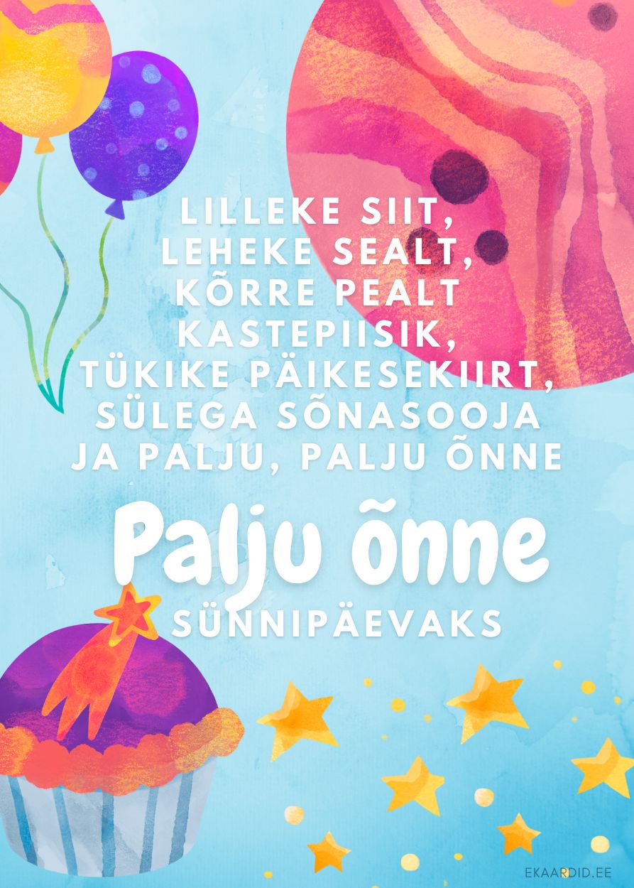 Lõbus sünnipäevakaart lillede ja tähtedega