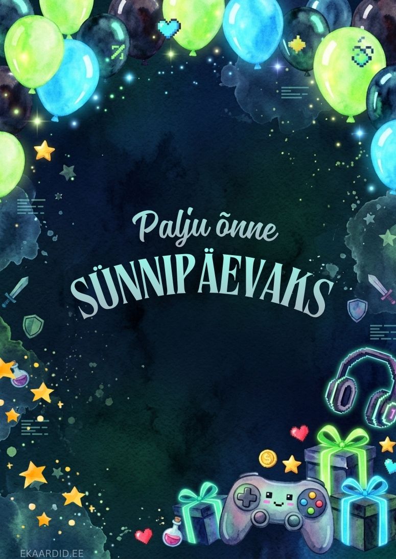 Mänguteemaline sünnipäevakaart õhupallide ja kingitustega