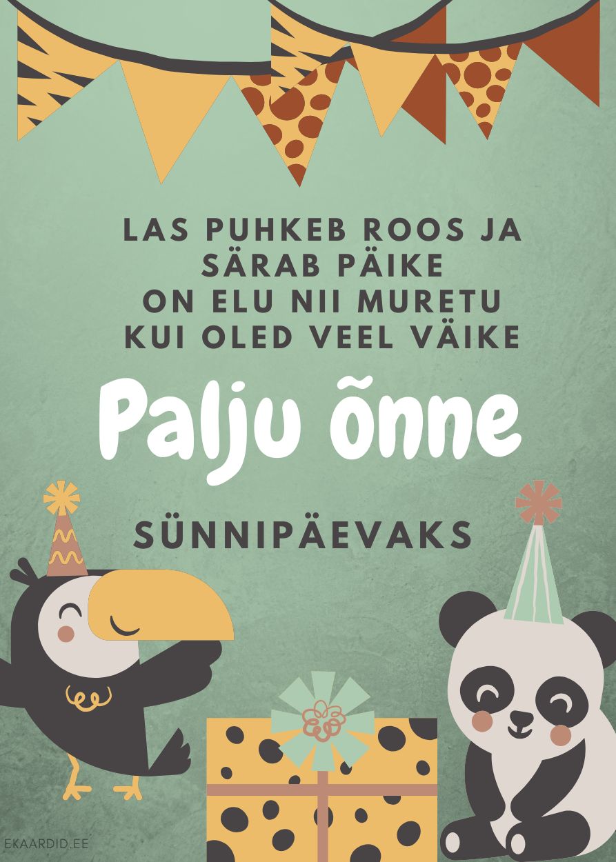 Laste sünnipäevakaart tukaani ja pandaga