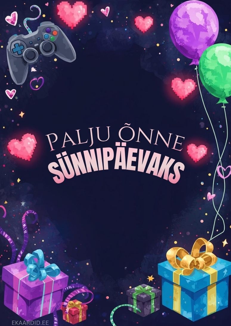 Mänguline sünnipäevakaart kingituste ja õhupallidega