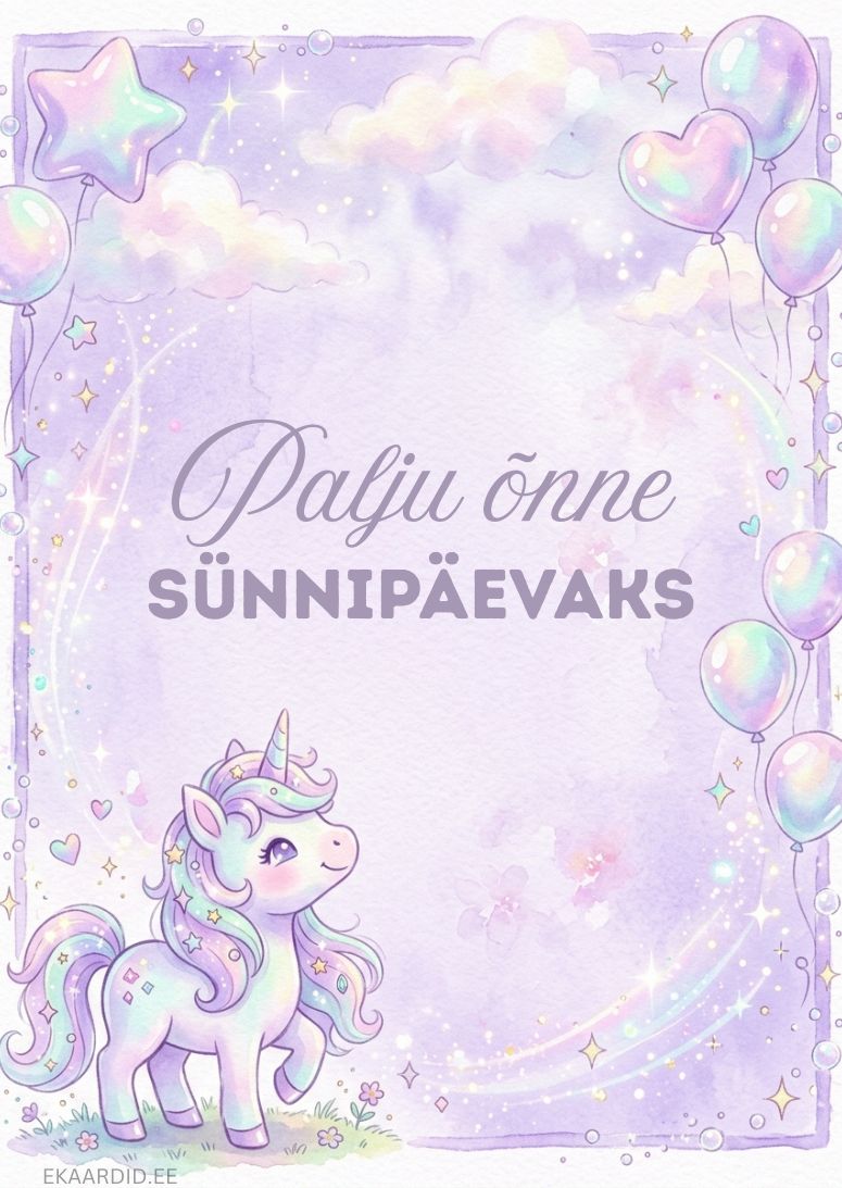 Ükssarvikuga sünnipäevakaart tüdrukule