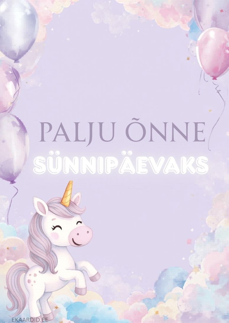 Ükssarvikuga sünnipäevakaart pastelltoonides