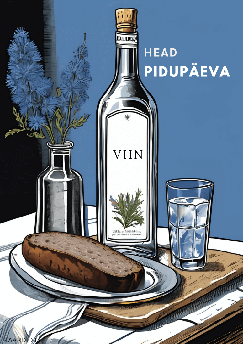 Pidulik õnnitluskaart veini ja leivaga