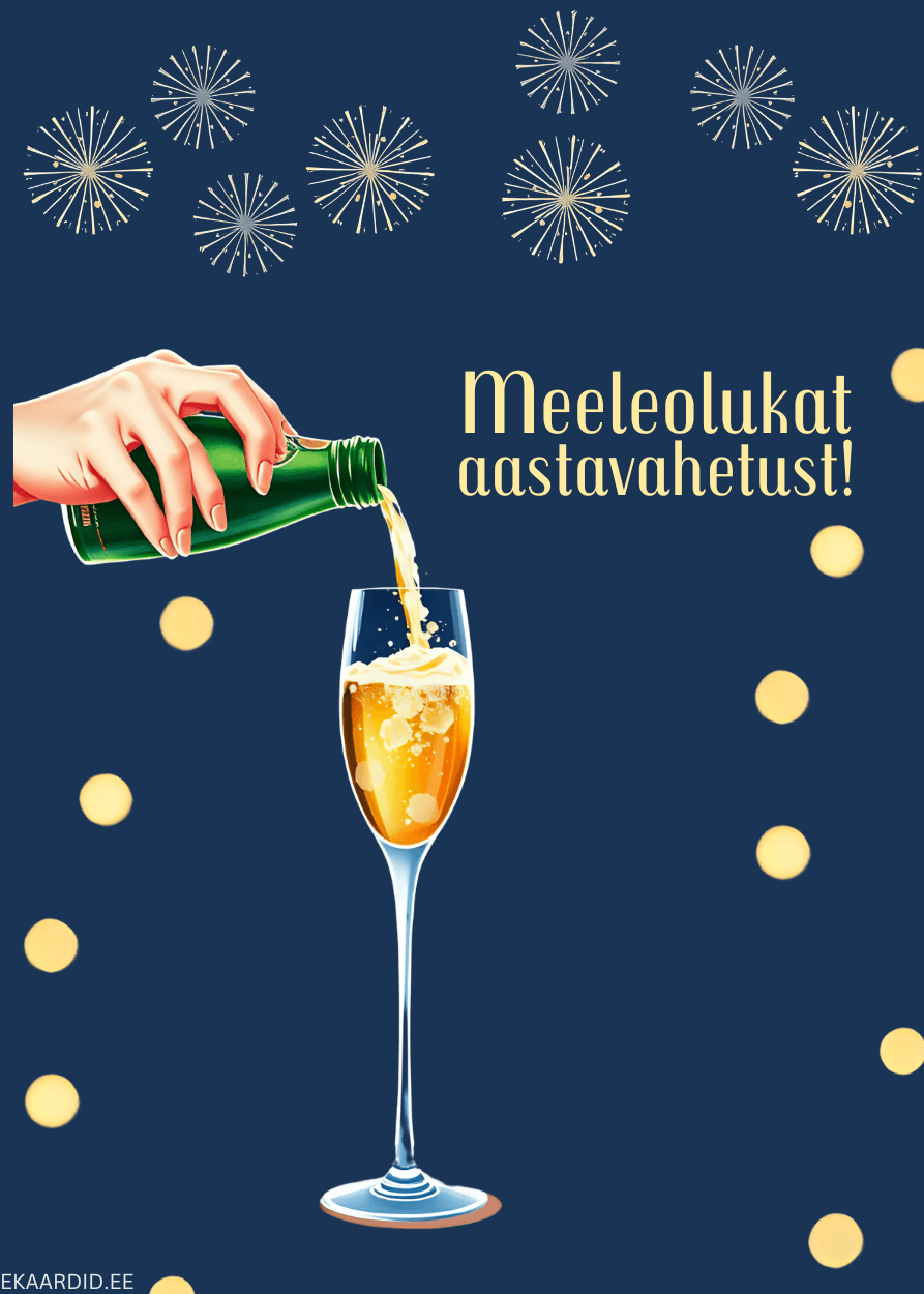 Aastavahetuse kaart šampanjapudeliga