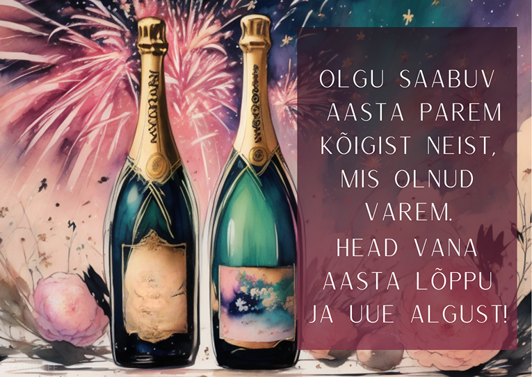 Aastavahetuse kaart šampanjapudelitega