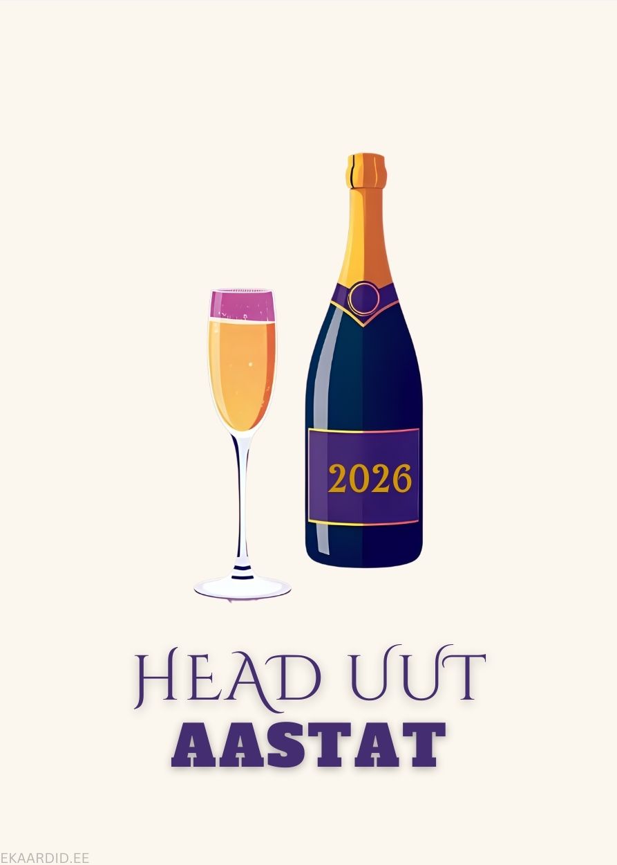 Elegantne uusaastakaart šampusepudeli ja klaasiga