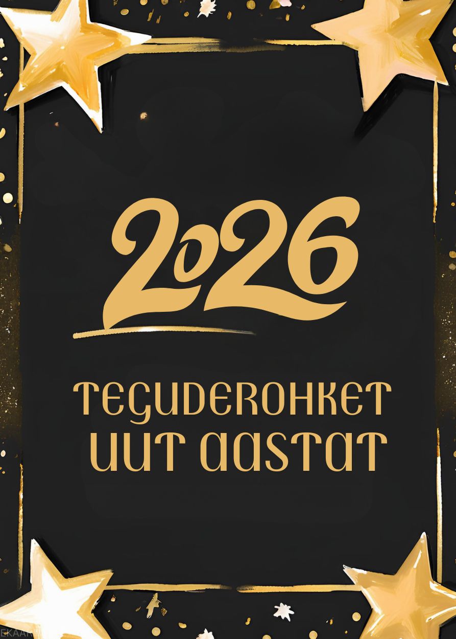 Stiilne kuldsete tähtedega uusaastakaart 2026