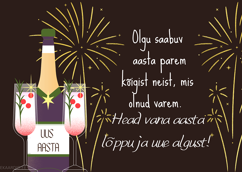 Uusaasta kaart šampanjapudeliga ja ilutulestikuga