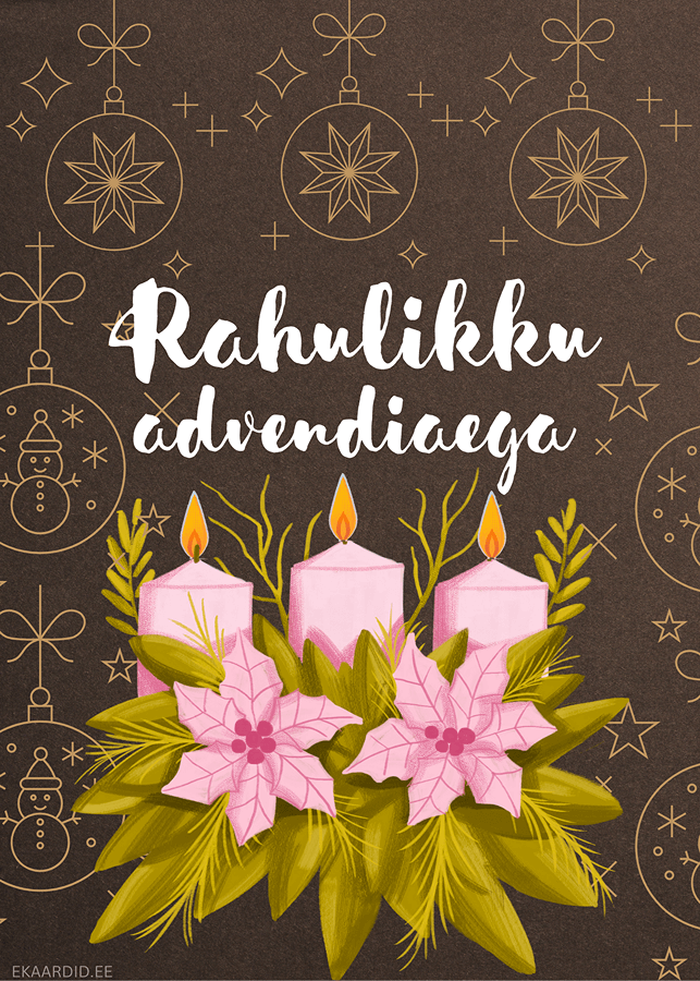 Adventkaardid roosade küünalde ja jõulukingadega