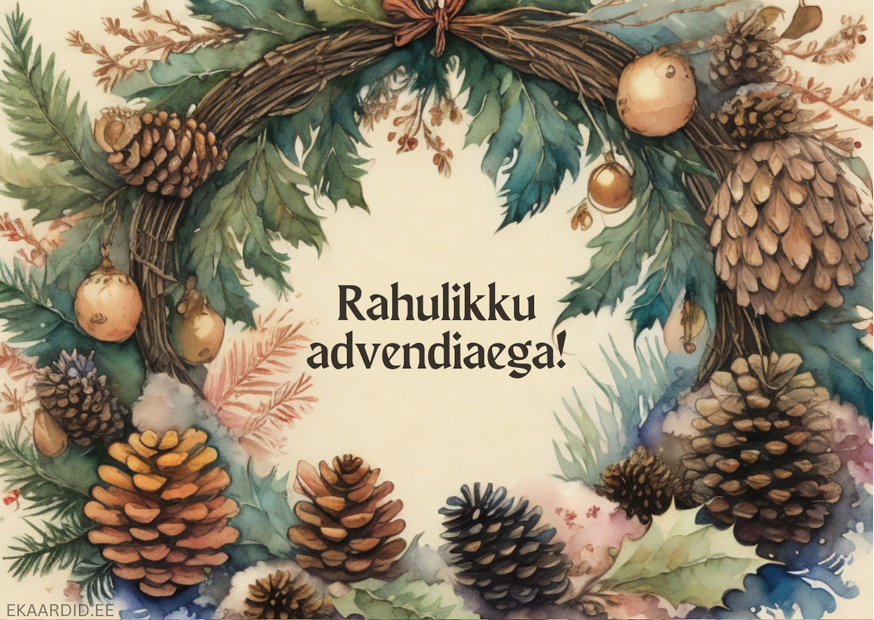 Akvarell-stiilis advendikaart männikäbidega