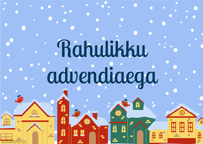 Talvine advendikaart lumega kaetud majadega