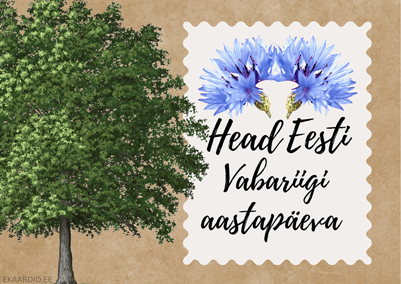 Eesti Vabariigi aastapäeva kaart puu ja siniste lilledega