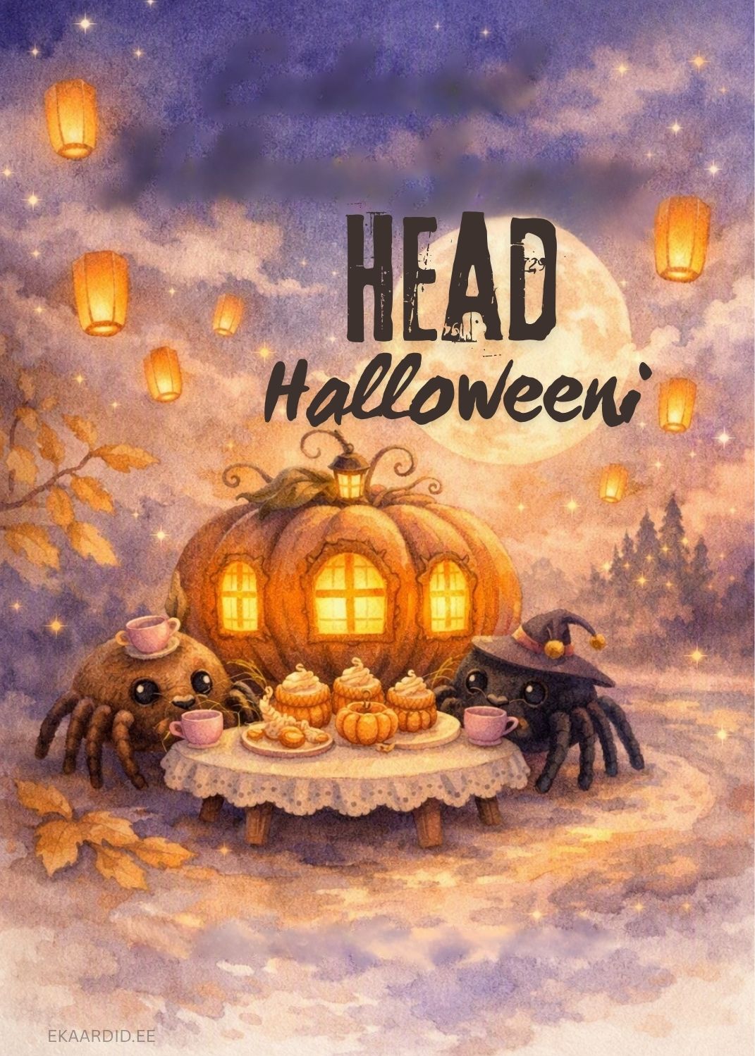 Akvarell-stiilis Halloweeni tervituskaart ämblikega