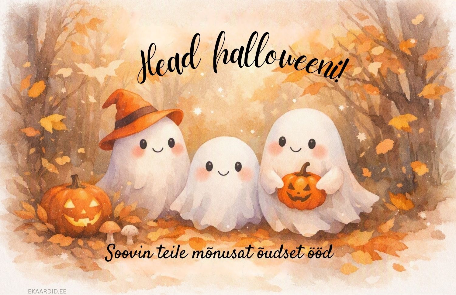 Akvarell-stiilis Halloweeni tervituskaart kummitustega