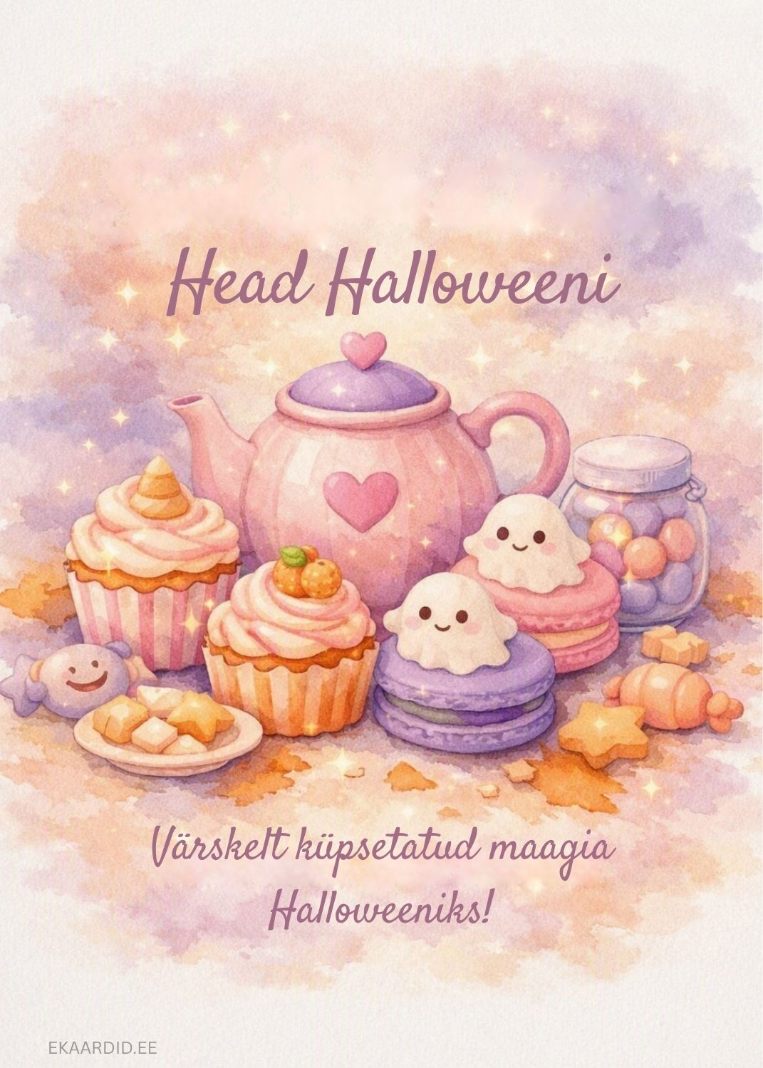 Akvarell-stiilis Halloweeni tervituskaart maiustustega