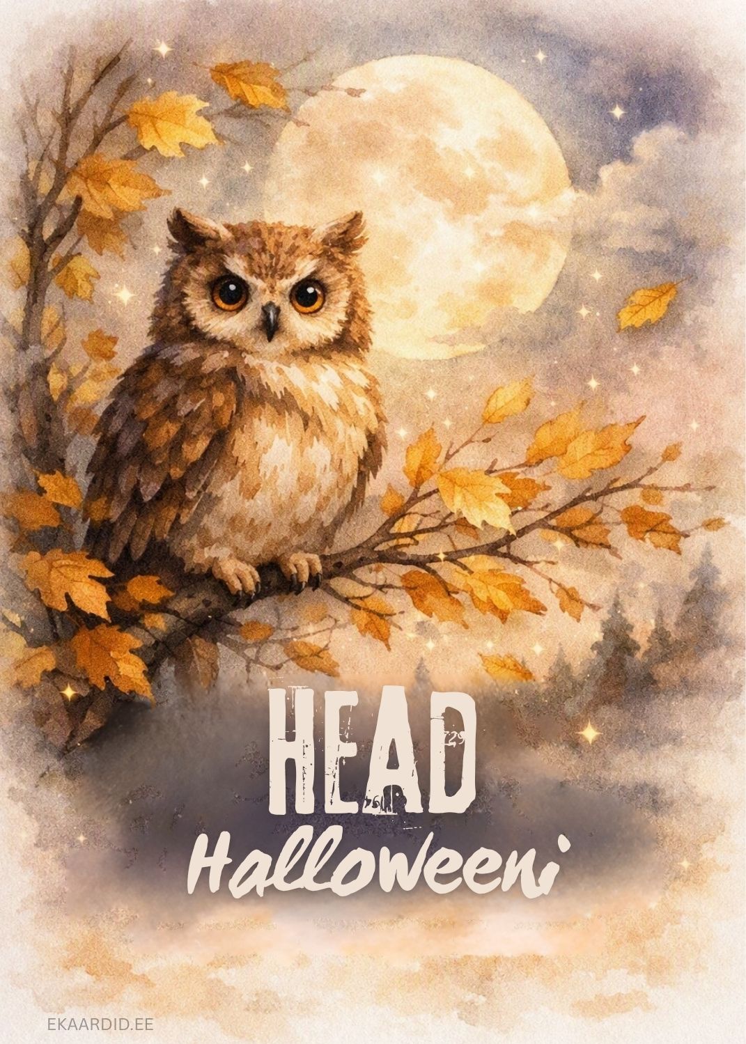 Akvarell-stiilis öökulliga Halloweeni kaart