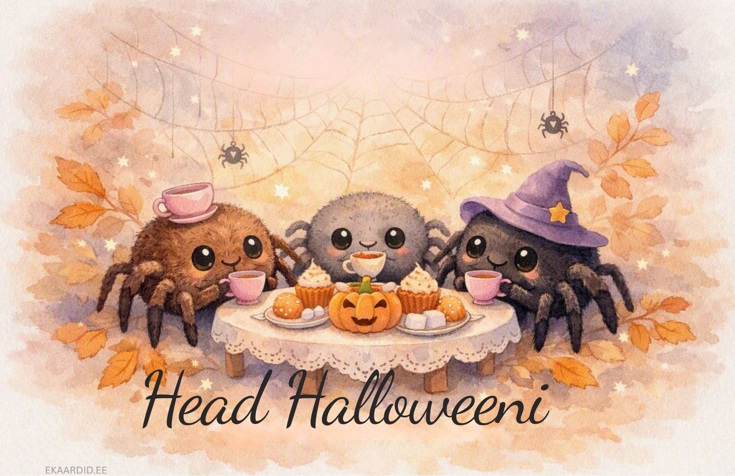 Akvarellstiilis ämblikega Halloweeni kaart