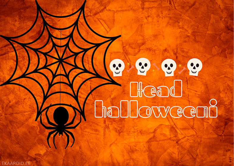 Halloweeni kaart ämblikuvõrgu ja koljudega