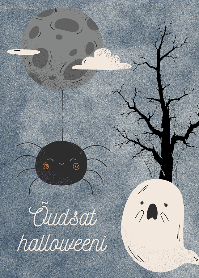 Halloweeni kaart armaste kummituste ja ämblikuga