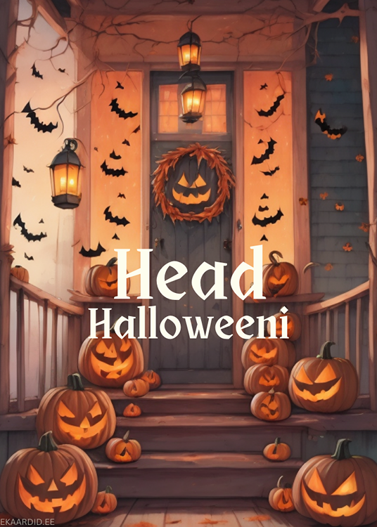 Halloweeni kaart kõrvitsate ja nahkhiirte kujutisega