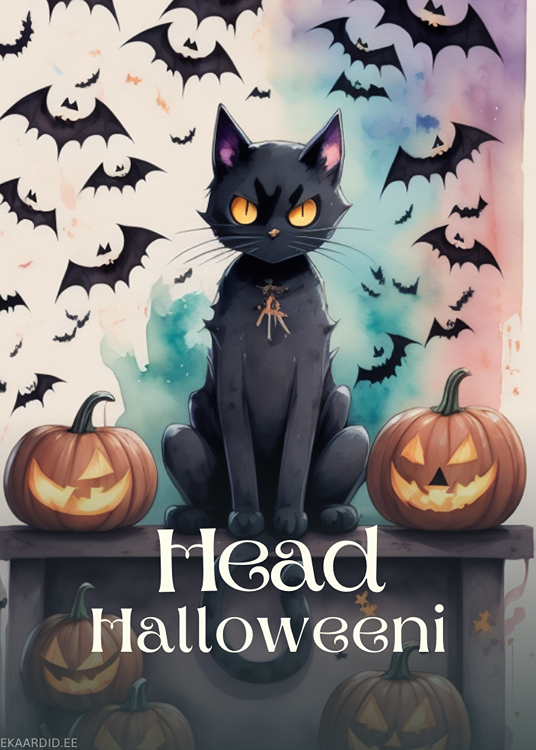 Halloweeni kaart musta kassiga