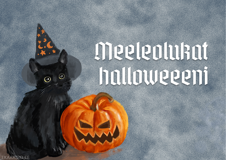 Halloweeni kaart musta kassita ja kõrvitsaga
