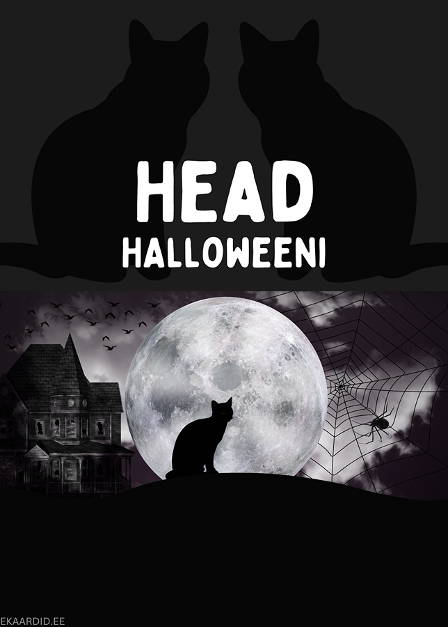Halloweeni kaart mustade kassidega